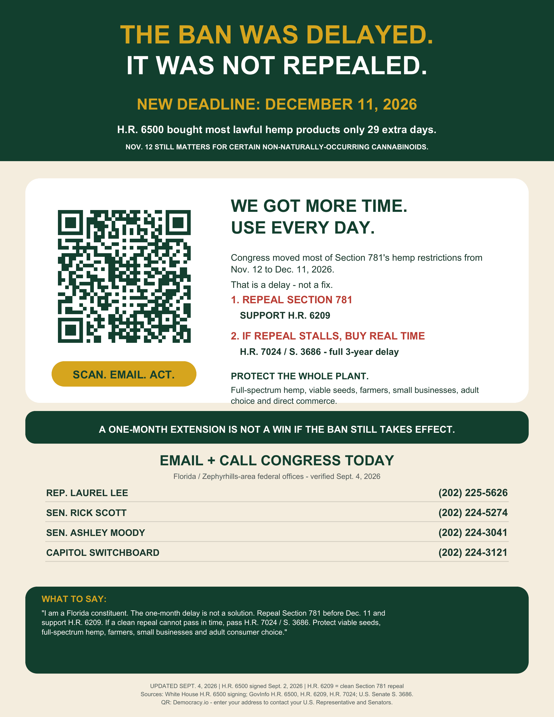 Stop the Federal Hemp and Seed Ban sign with QR code to email lawmakers